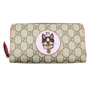 GUCCI GG Supreme Zip Around Long Wallet Beige Tan Red Cat